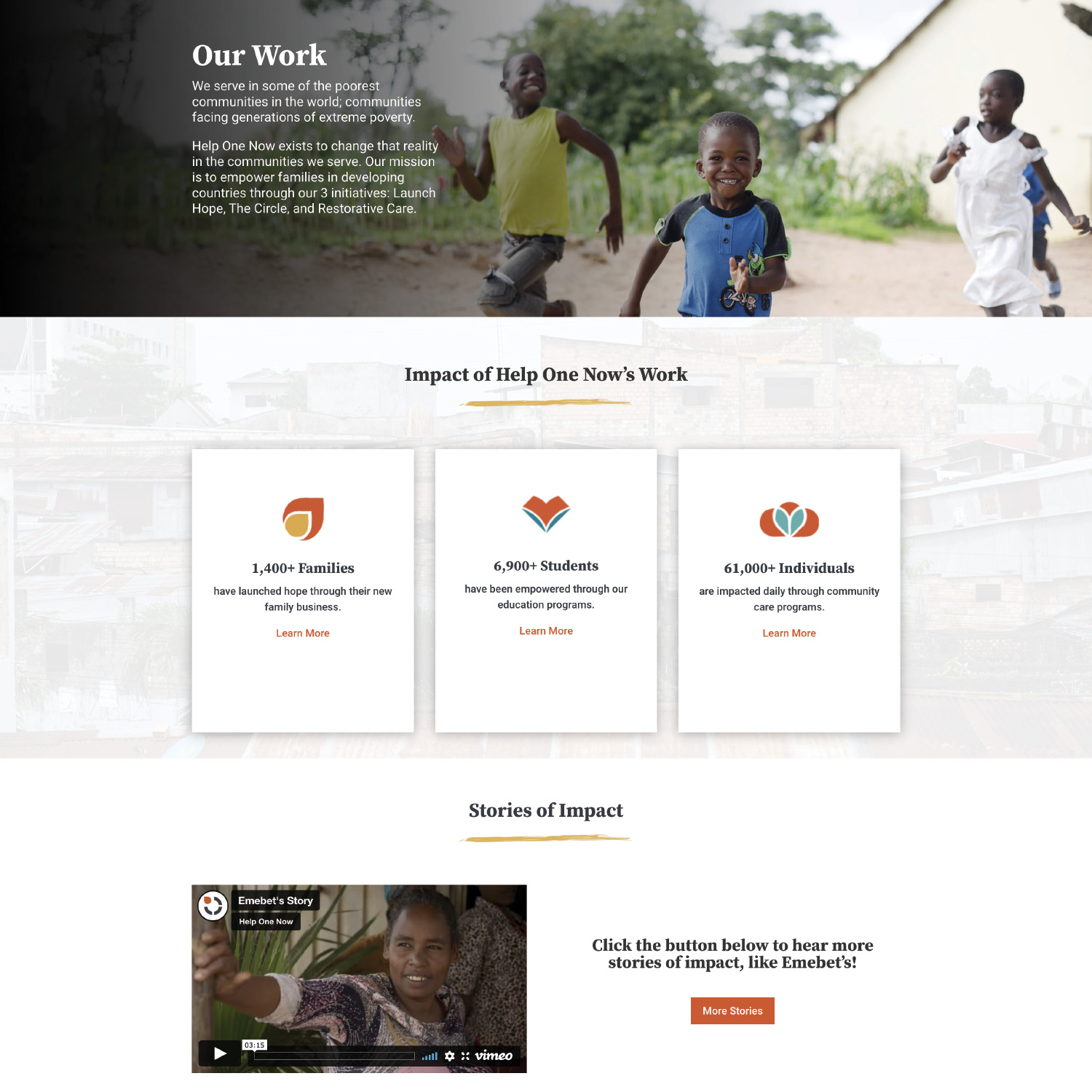 Our Work page of the Help One Now website